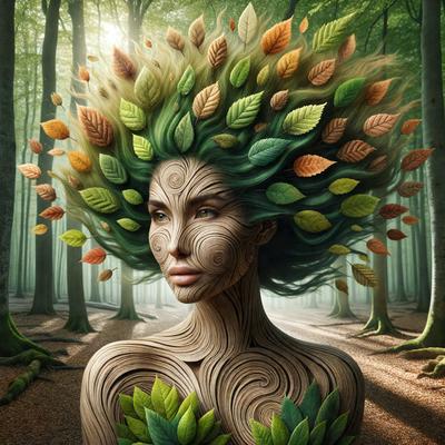 The primary subject of the image is a woman with a unique and artistic hairstyle. She has a head full of leaves and flowers, giving her a distinct and creative appearance. The setting is a forest, with trees surrounding the woman. The visual style of the image is a combination of photo and digital art, creating a surreal and eye-catching scene. The colors and mood of the image are vibrant and lively, with the woman's hairstyle being the focal point and drawing attention to her